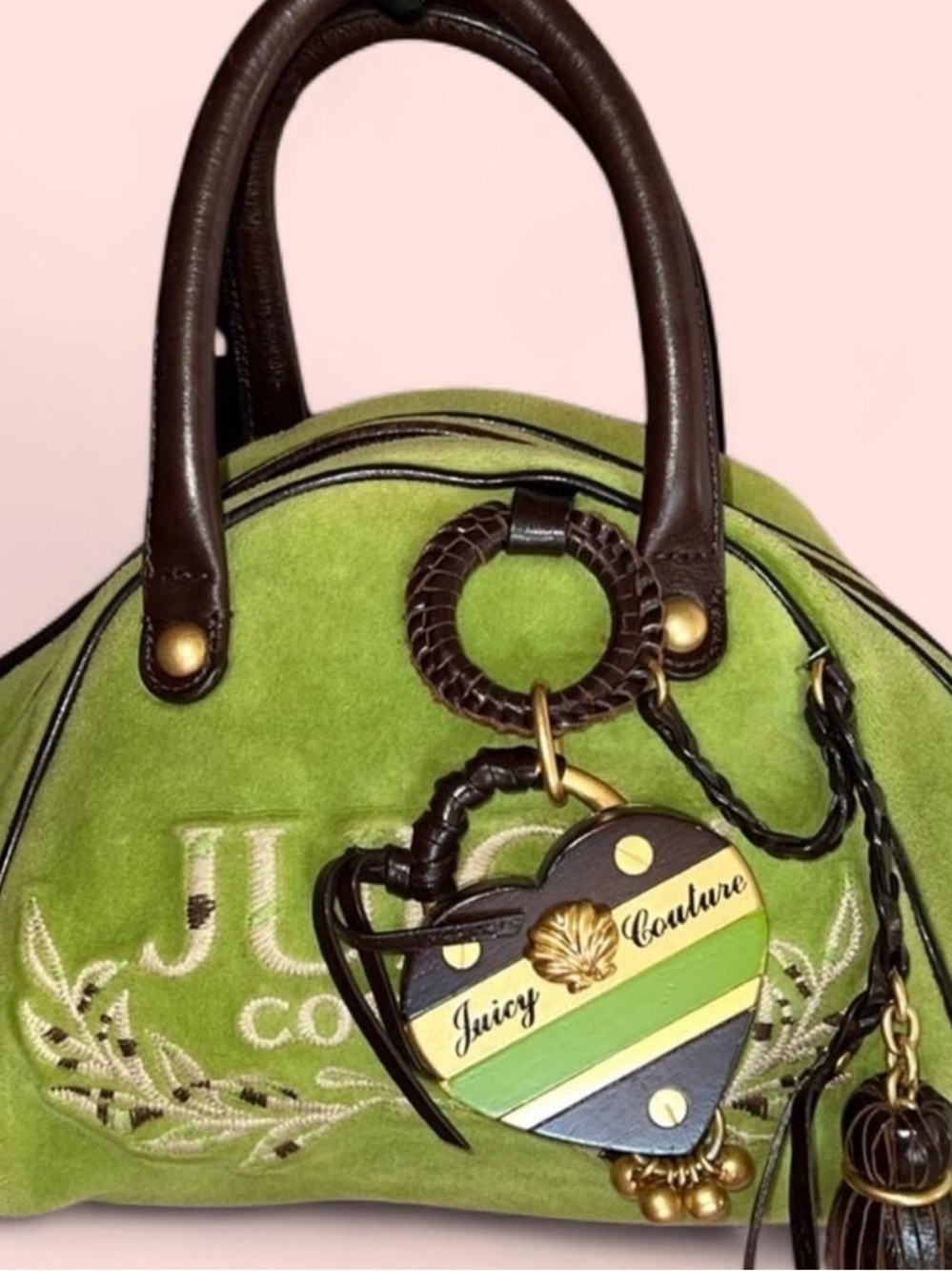 Juicy Couture Lime Green Suede Satchel with Brown Handles